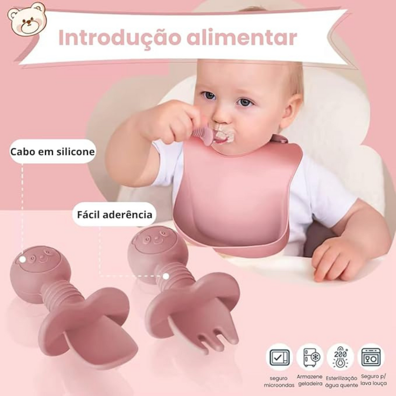 ROSA ESCURO ou CLARO - Jogo Introdução Alimentar Bebê Utensílios em Silicone Premium 8 Pçs BBL-54