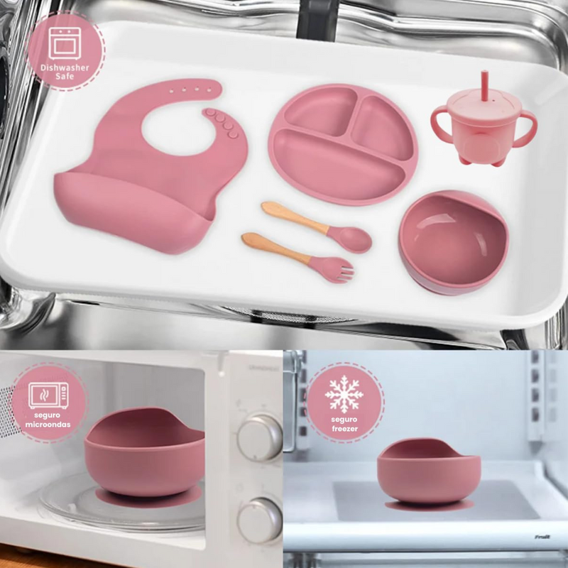 ROSA ESCURO ou CLARO - Jogo Introdução Alimentar Bebê Utensílios em Silicone Premium 8 Pçs BBL-54