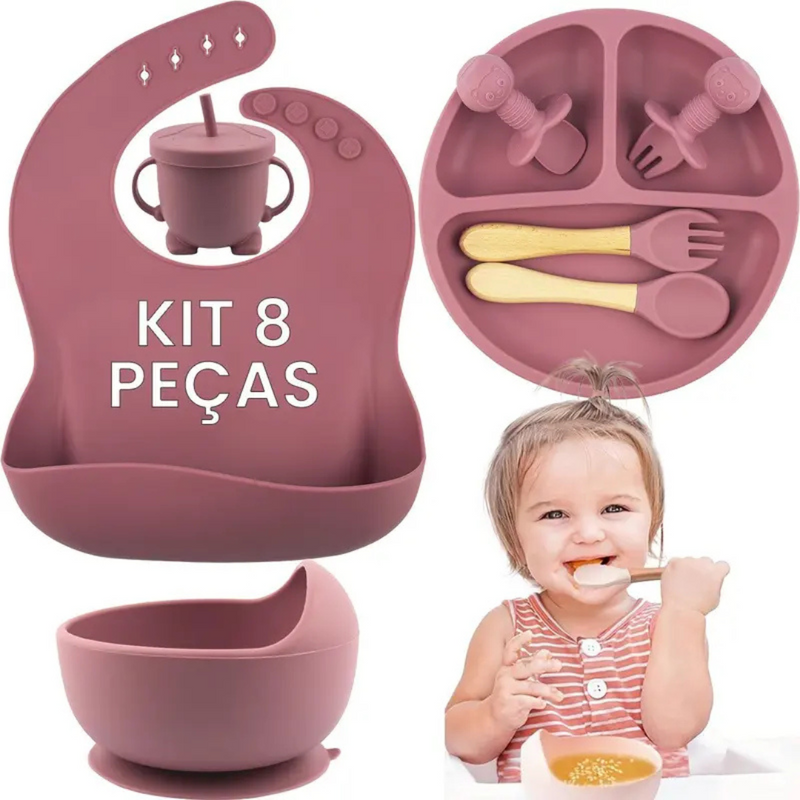 ROSA ESCURO ou CLARO - Jogo Introdução Alimentar Bebê Utensílios em Silicone Premium 8 Pçs BBL-54