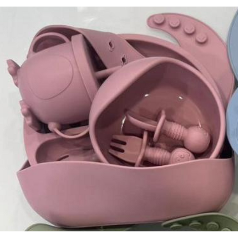 ROSA ESCURO ou CLARO - Jogo Introdução Alimentar Bebê Utensílios em Silicone Premium 8 Pçs BBL-54