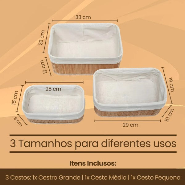 Conjunto 3 Cestos Organizadores de Bambu c/ Forro BM-F1101