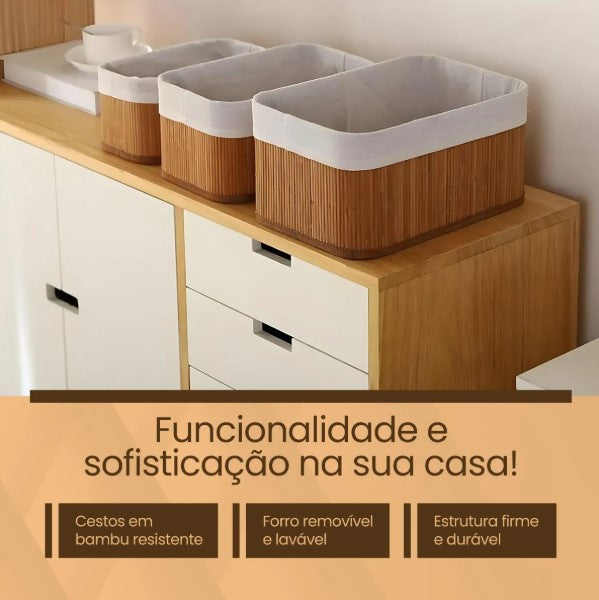 Conjunto 3 Cestos Organizadores de Bambu c/ Forro BM-F1101