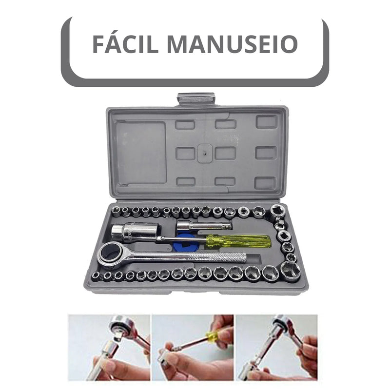 Jogo Ferramentas 40 Peças Soquetes com Maleta Cinza